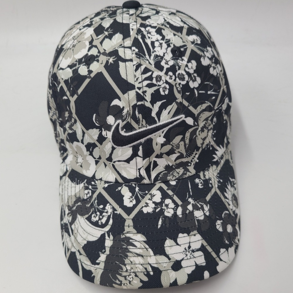 Nike Hat Strapback L-XL Black White Gray Floral All Over Print Swoosh Club Cap